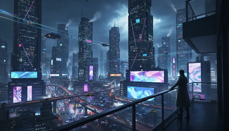 Illustration of cyberpunk: A genre of science fiction with advanced technology.