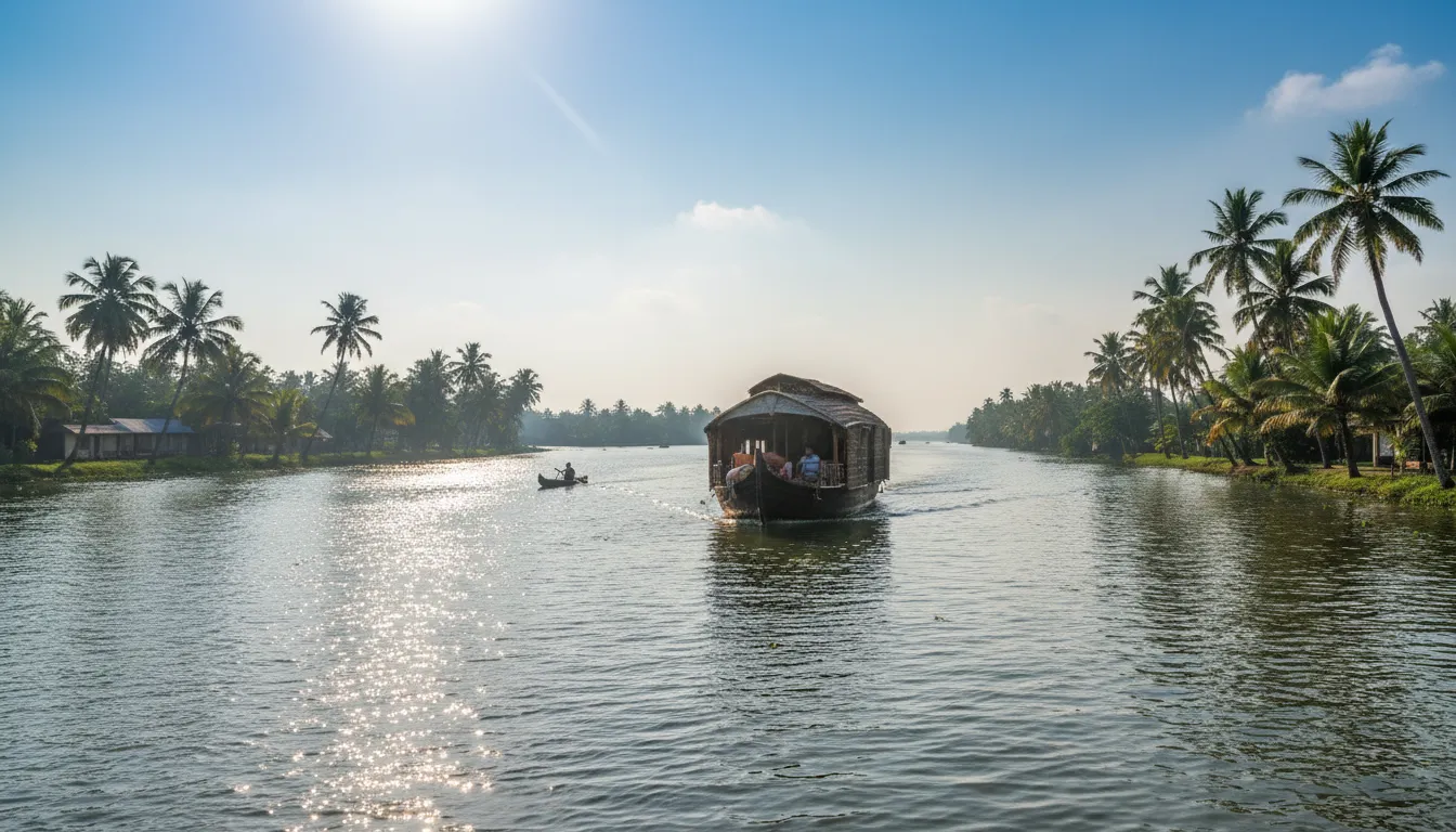 Kerala 的插图：A state in India known for its backwaters.