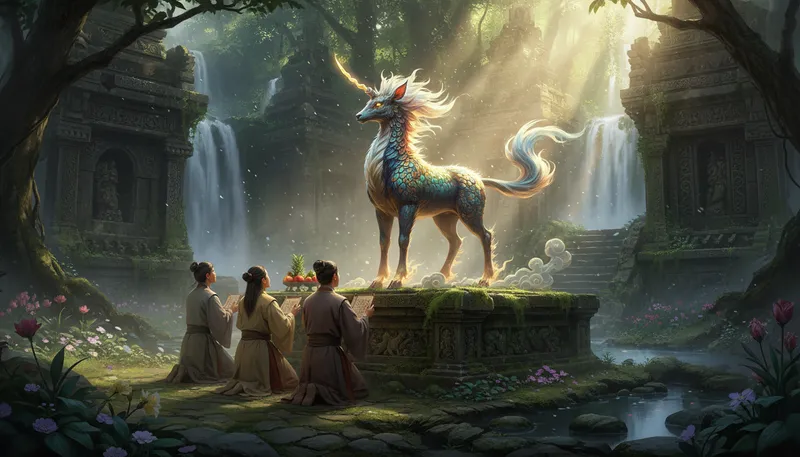 Illustration of kirin: a mythical hooved chimerical creature