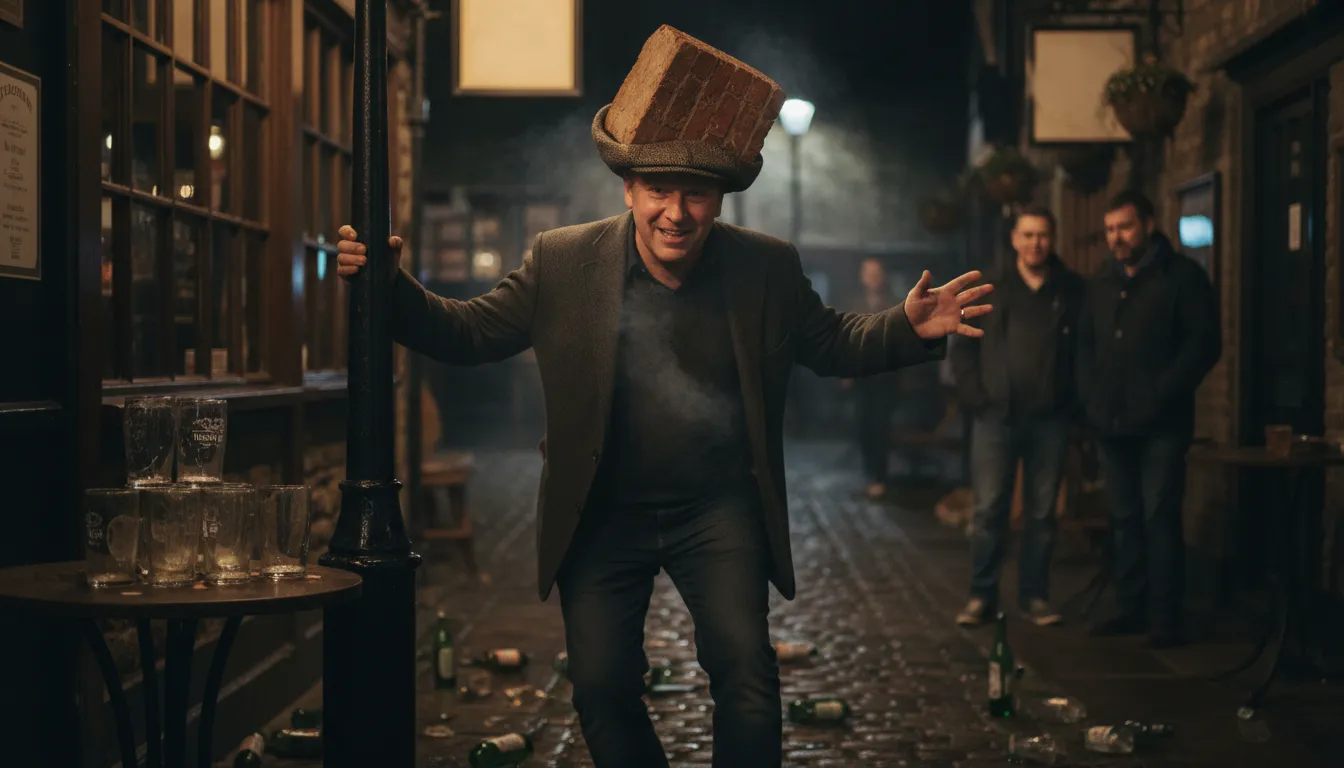 have a brick in one's hat 的插圖：to be very drunk