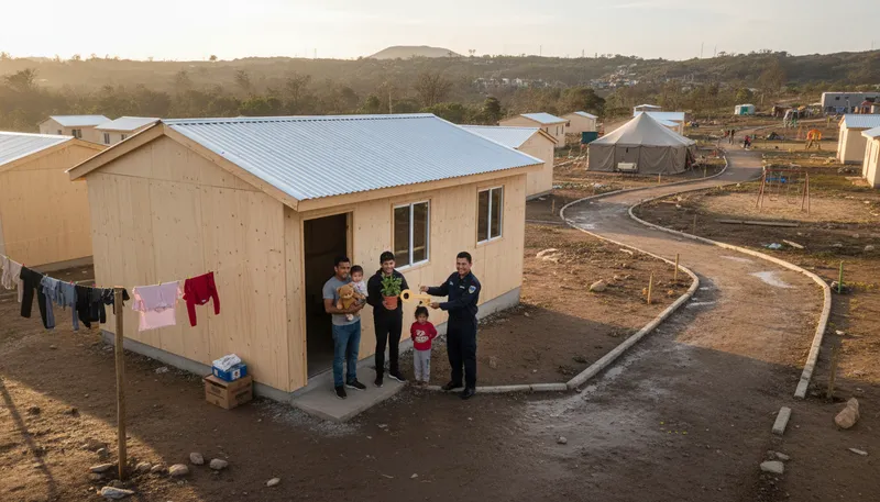 Illustration of resettlement: The process of moving people to a new place.
