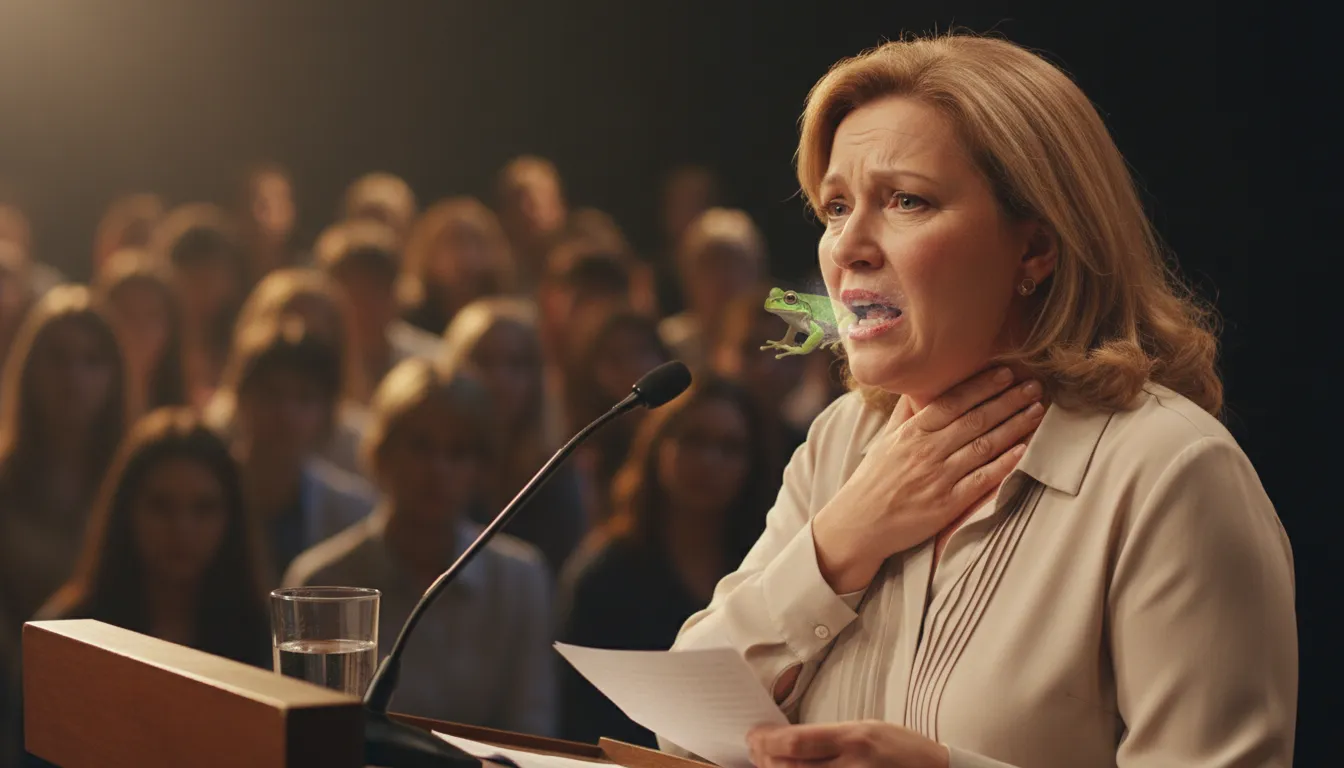Иллюстрация frog in one's throat: A temporary hoarseness or difficulty speaking.