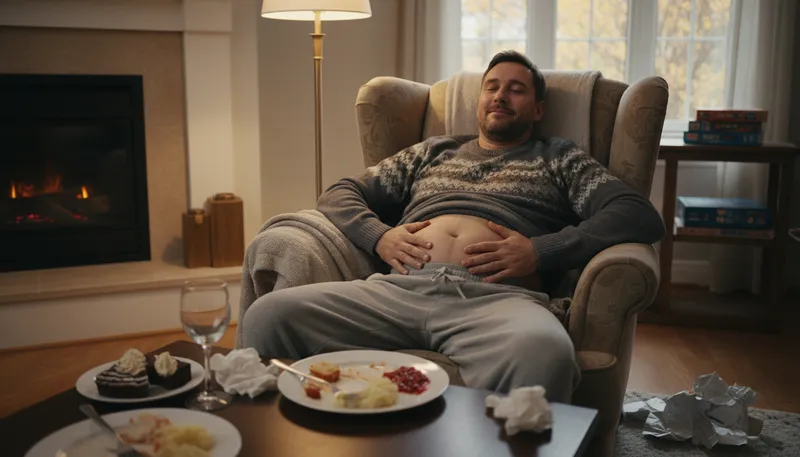 Illustration of food baby: a bloated stomach after overeating