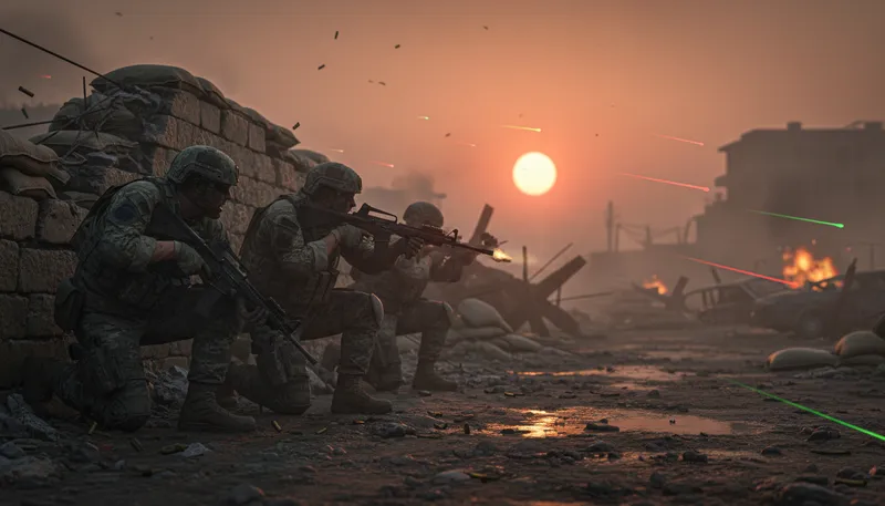 Illustration of firefight: A battle involving gunfire between armed forces.