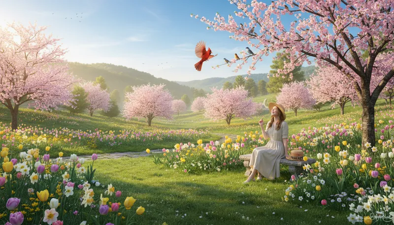 Illustration of spring: The season between winter and summer, full of life.