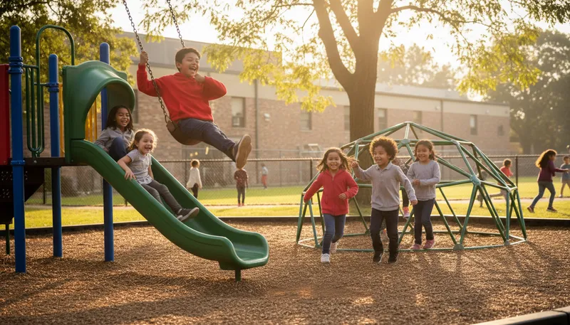 Illustration of recess: A break period during school for play.