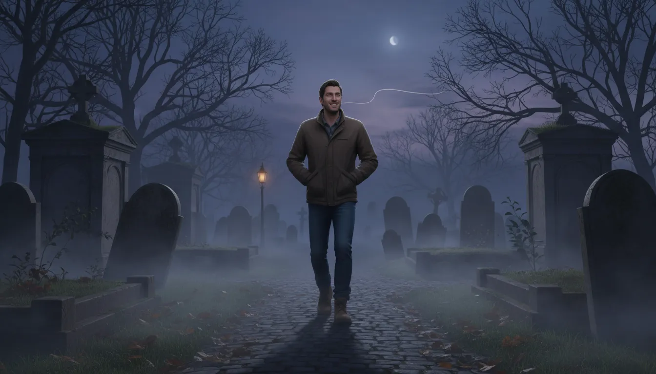 Illustration von whistle past the graveyard: To act cheerful in a frightening situation.