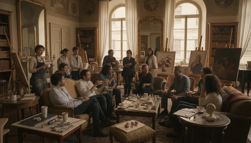 Illustration of salon: gathering for discussion or artistic display.