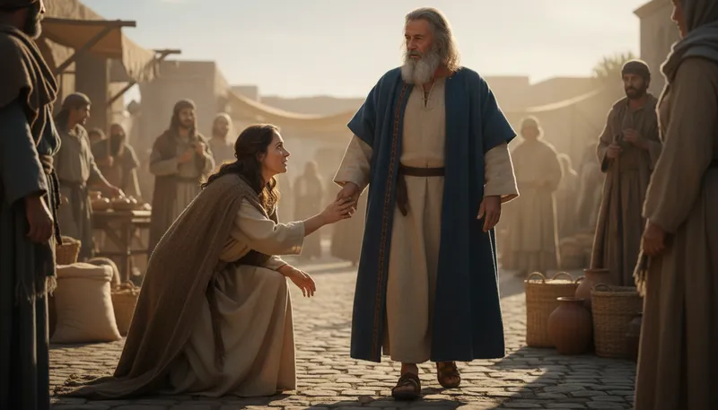 Illustration of touch the hem of someone's garment: to seek help or favor
