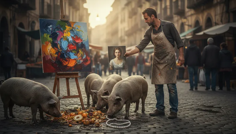 Illustration of cast pearls before swine: to give something valuable to those who won't appreciate it
