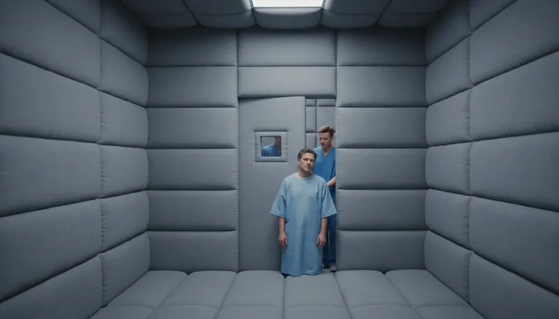Illustration of padded cell: A room designed to prevent self-harm.