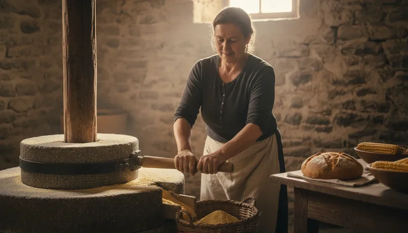 Illustration of grind the corn: to process grain into flour