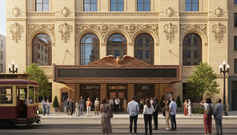 Illustration of facade: The front of a building, often decorative.