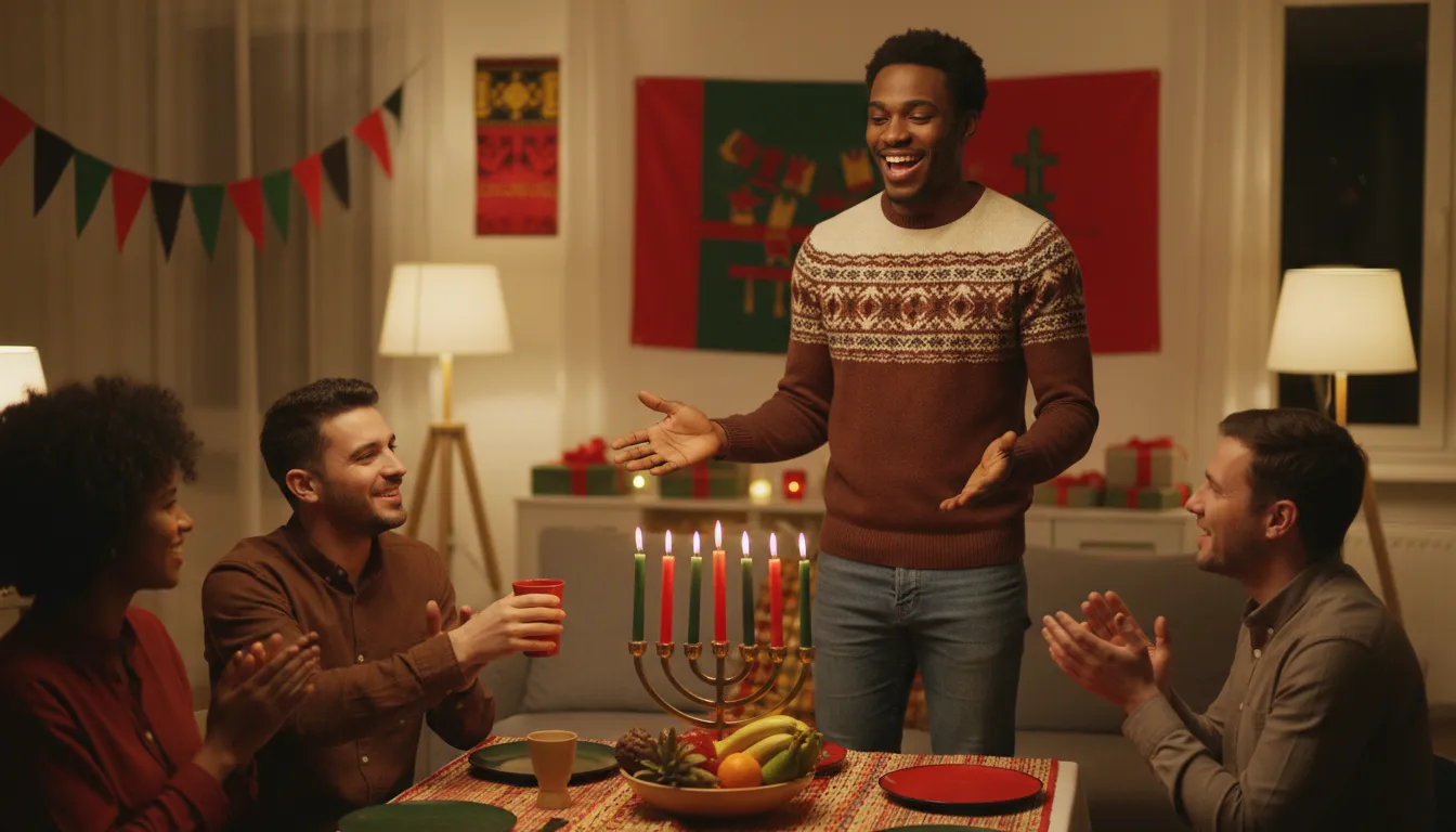“happy Kwanzaa” kelimesinin çizimi: A greeting used during a holiday honoring African heritage.