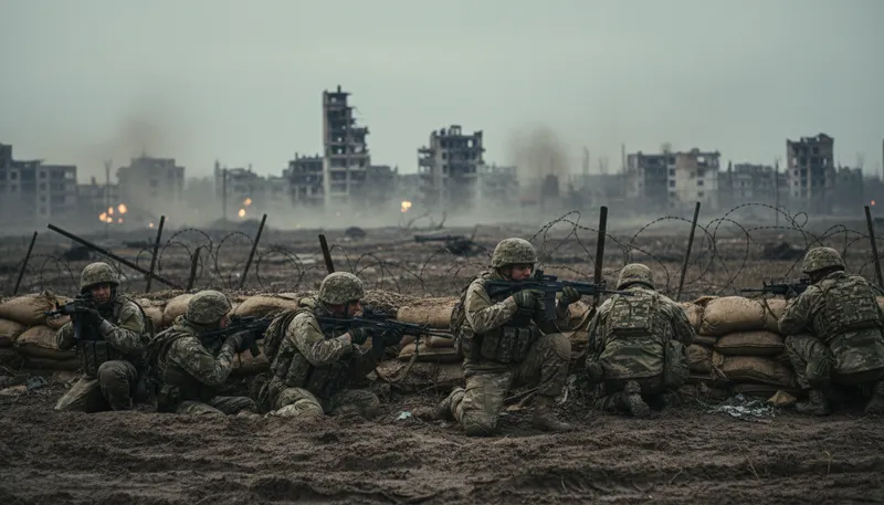 Illustration of battlefront: the front line in a war