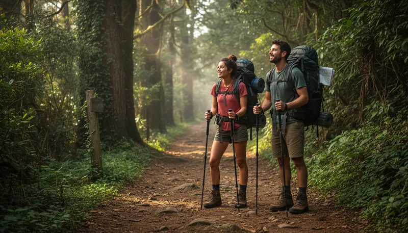 Illustration of hike the appalachian trail: to walk along a long scenic mountain path