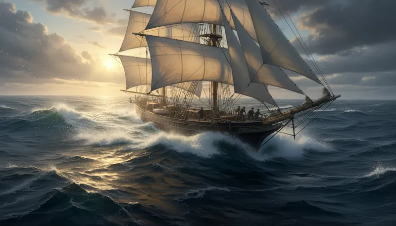 Illustration of clipper: a fast sailing ship with narrow sails.