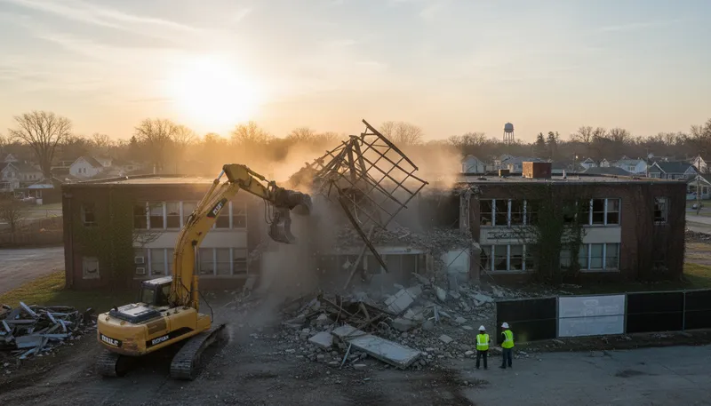 Illustration of demolition: The act of tearing down buildings.