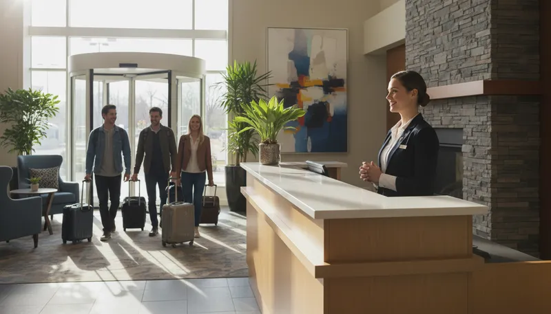Illustration of receptionist: A person who greets visitors in an office.