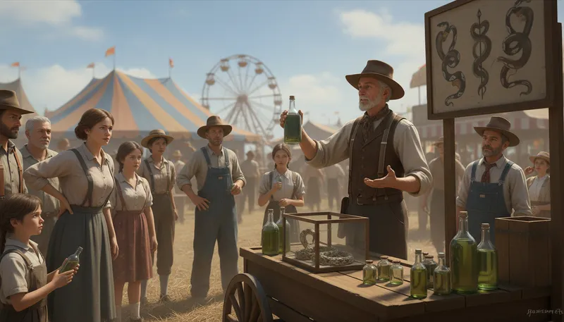 Illustration of snake oil: A fraudulent or deceptive product.