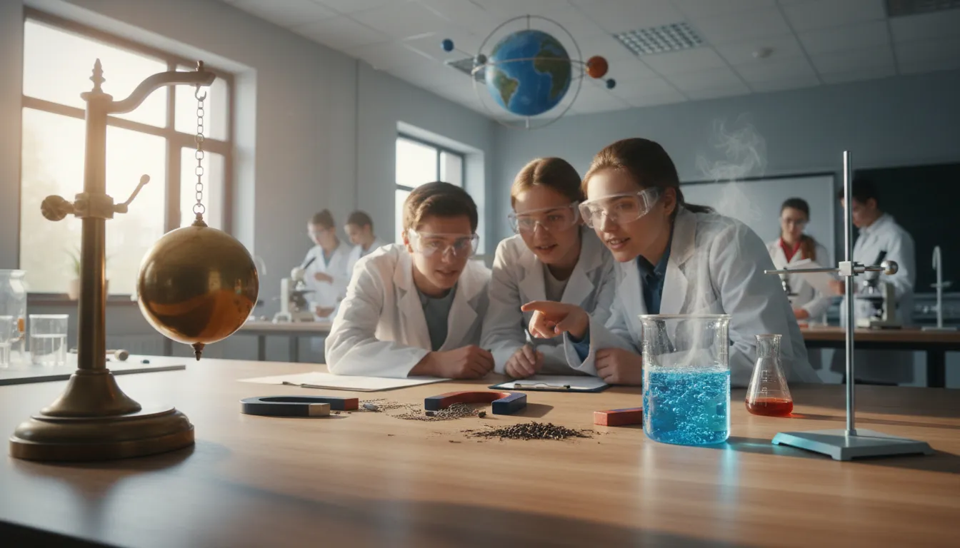 Illustration of physical science: The study of nonliving things, including physics, chemistry, and astronomy.