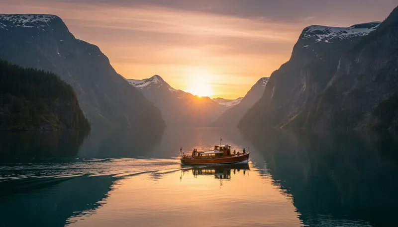 Illustration of fjord: A narrow inlet between steep cliffs.