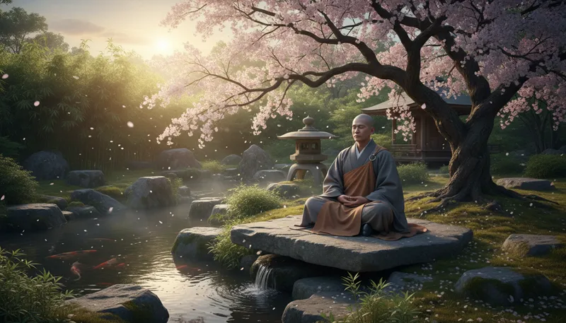 Illustration of monk: A member of a religious community living apart.