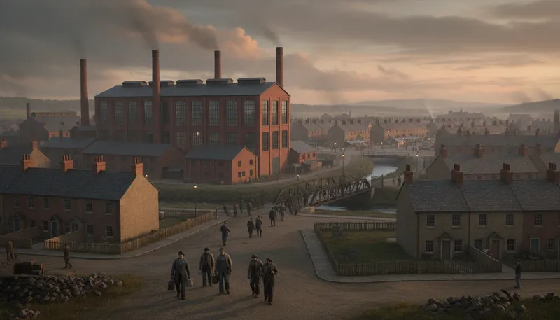 Illustration of company town: A community controlled by a single company.