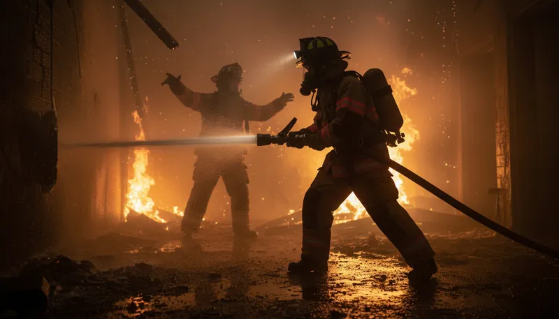Illustration of firefighting: The act of putting out fires.