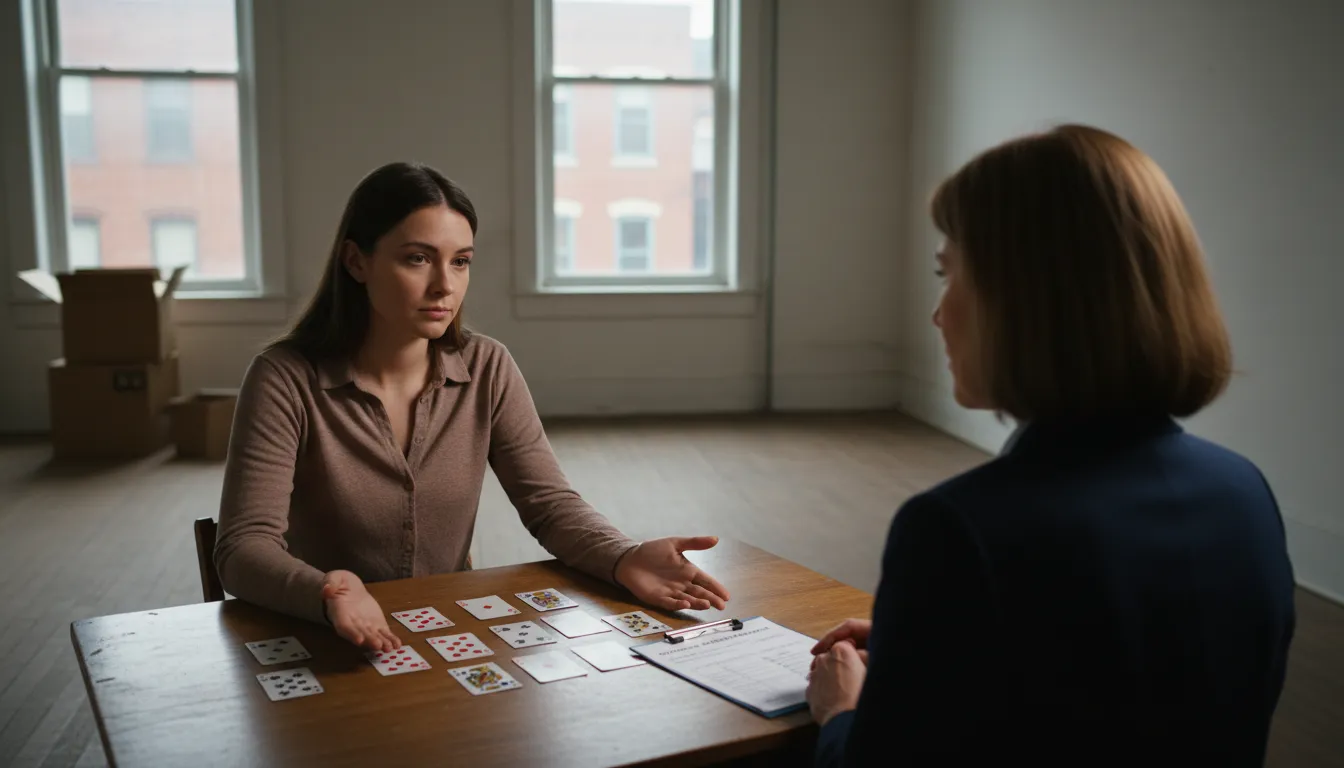 Illustration of put all one's cards on the table: To be completely honest about your plans, feelings, or situation.