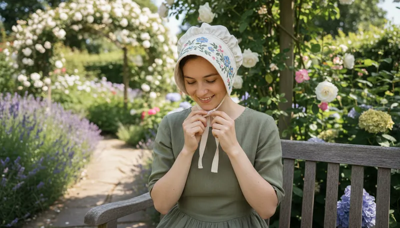 Illustration of bonnet: A type of hat, often worn by women.