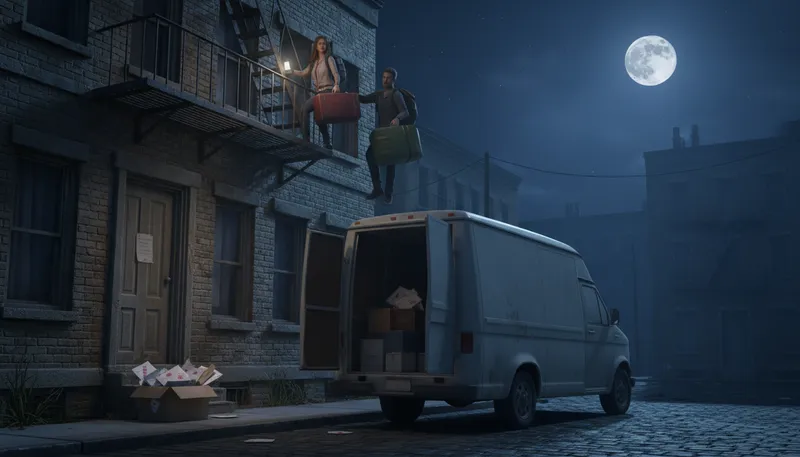 Illustration of moonlight flit: leave secretly, often to avoid debts.