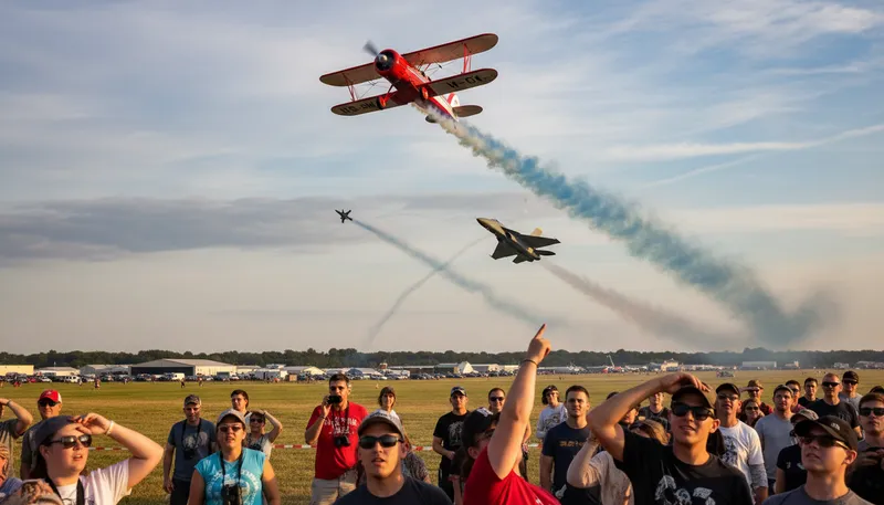Illustration of airshow: An exhibition featuring aircraft and flying performances.