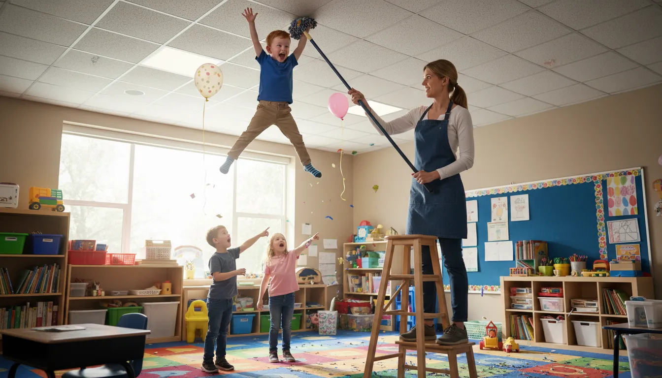 scrape someone off the ceiling का चित्र: to calm someone who is overly excited.