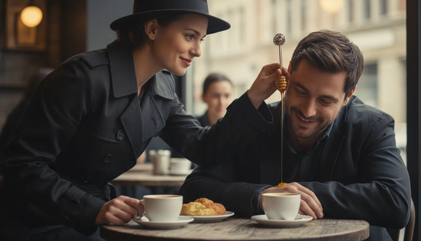 pour honey into one's ear का चित्र: Flatter someone insincerely.
