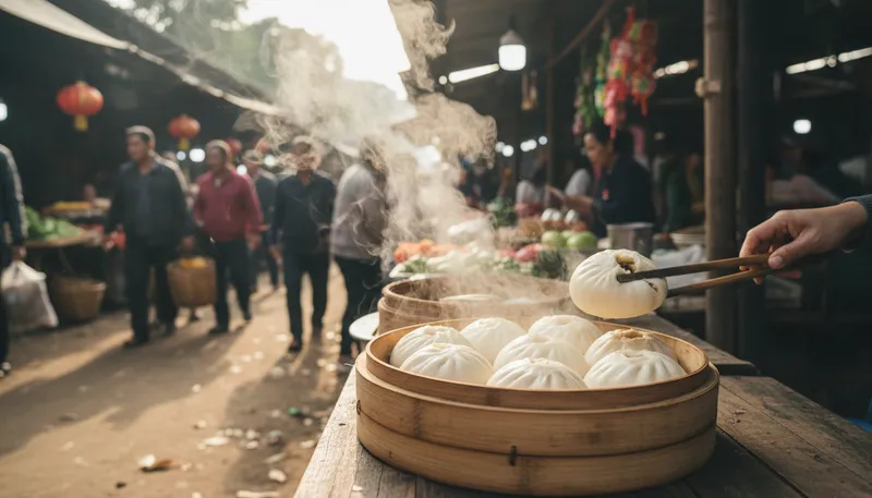 Illustration of bao: A type of steamed bun filled with meat.