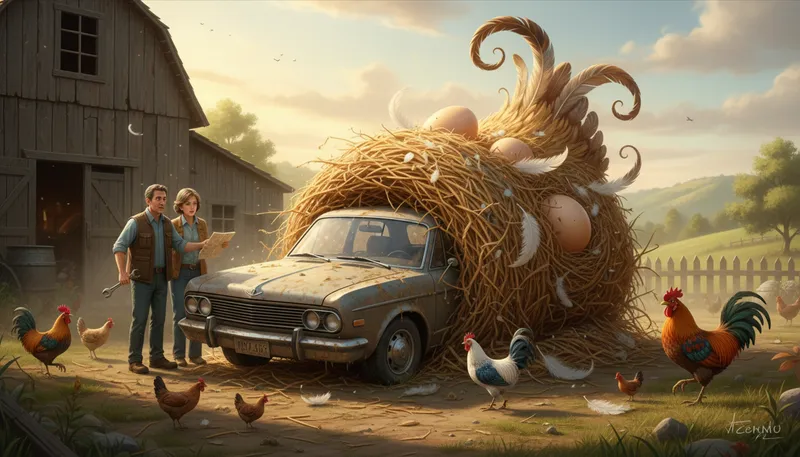 Illustration of in a hen's hiney: in a difficult or uncomfortable situation