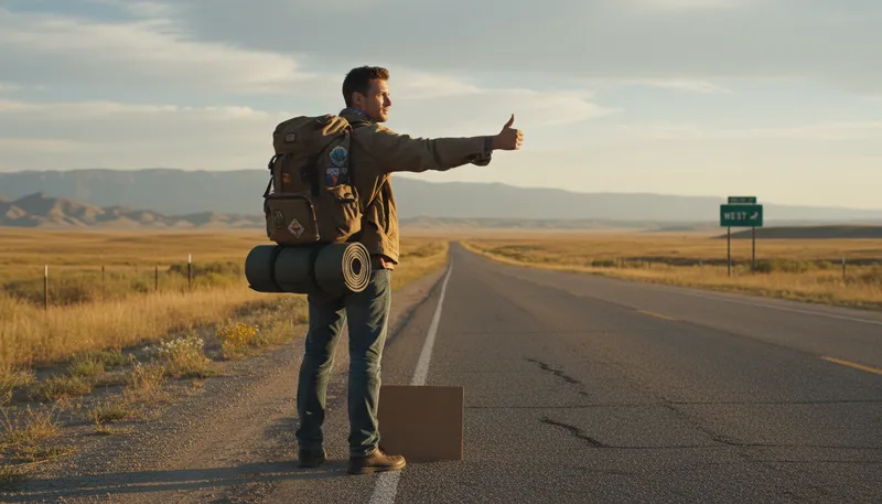 Illustration of hitchhike: To travel by getting rides from strangers.