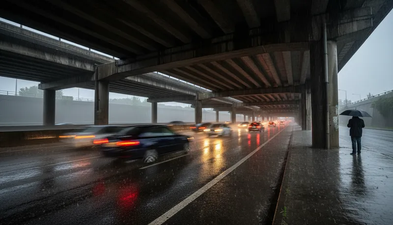 Illustration of underpass: A road or path beneath another road or structure.