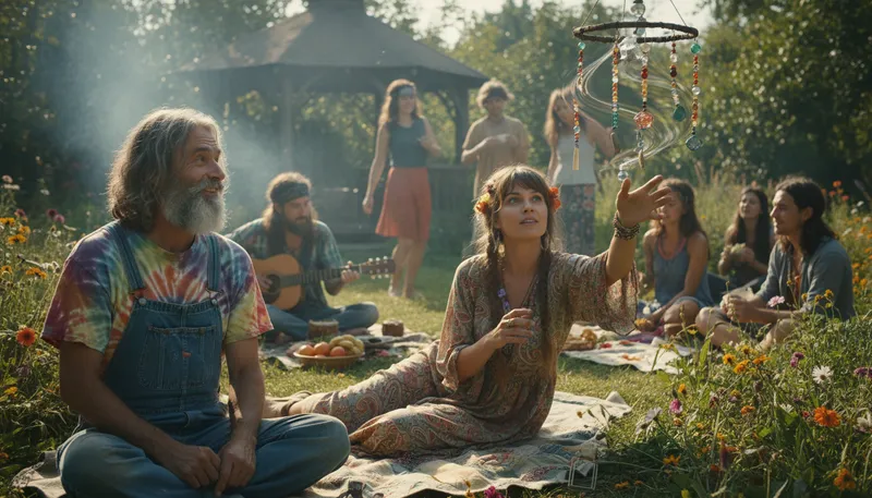 Illustration of some old hippie caught another hippie tripping on acid: a chaotic or confusing situation