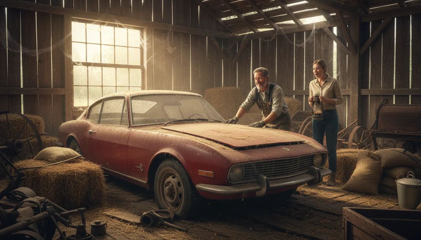 Illustrazione di barn find: a valuable classic vehicle discovered in storage
