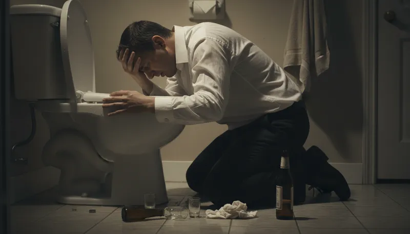Illustration of worship the porcelain god: vomit in a toilet.
