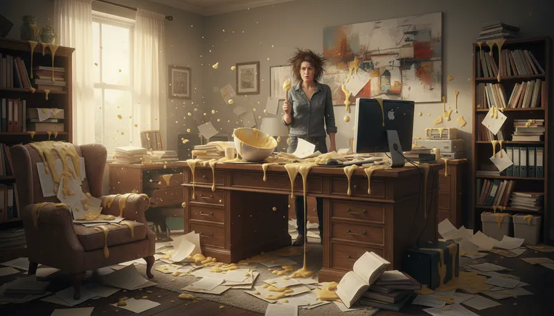 Illustration of all over the place like a mad woman's custard: Disorganized or chaotic in behavior.