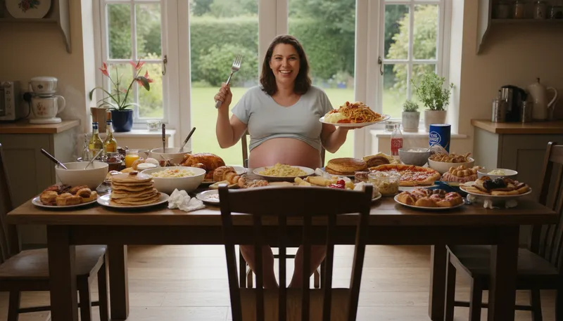 Illustration of eat for two: to eat more because of pregnancy