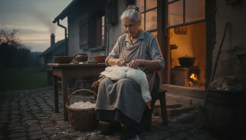 Illustration of the old woman is plucking her goose: a humorous way to say someone is busy