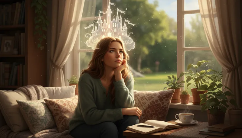 Illustration of in one's head: Existing only in someone's thoughts.