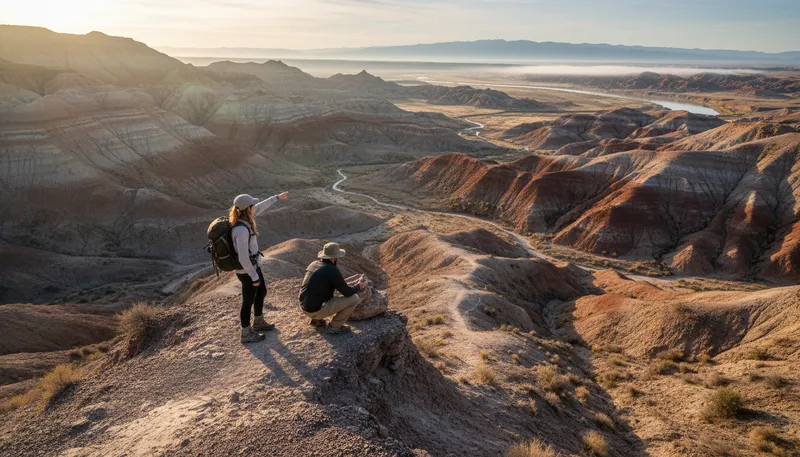 Illustration of badlands: A region with eroded terrain and little vegetation.