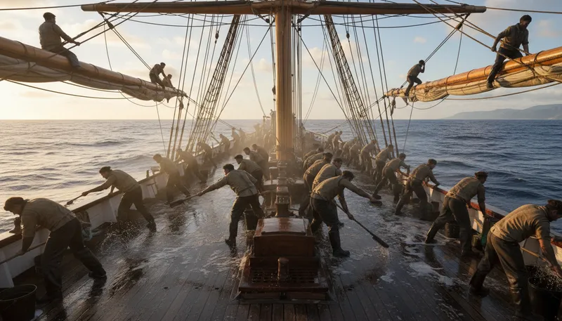 Illustration of yardarm to yardarm: from one end of a ship to another