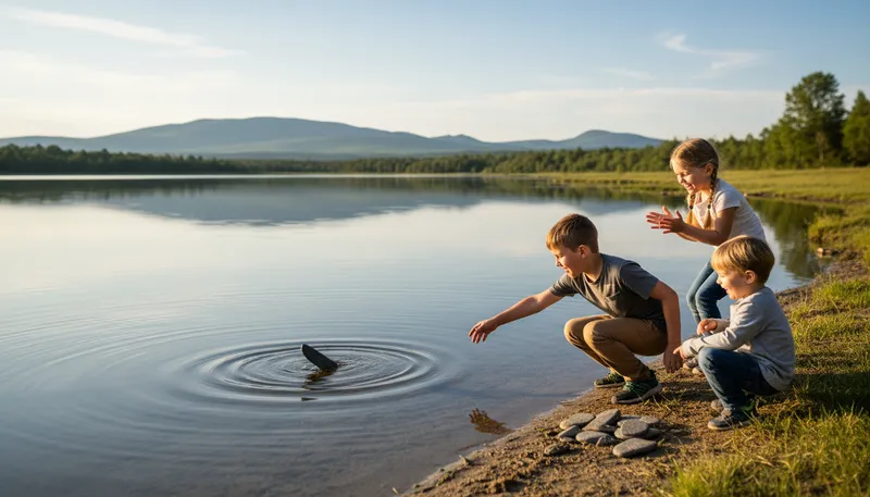 Illustration of ducks and drakes: A game of skipping stones on water.