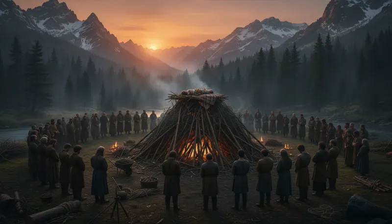 Illustration of pyre: A structure for burning a body or sacrifice.